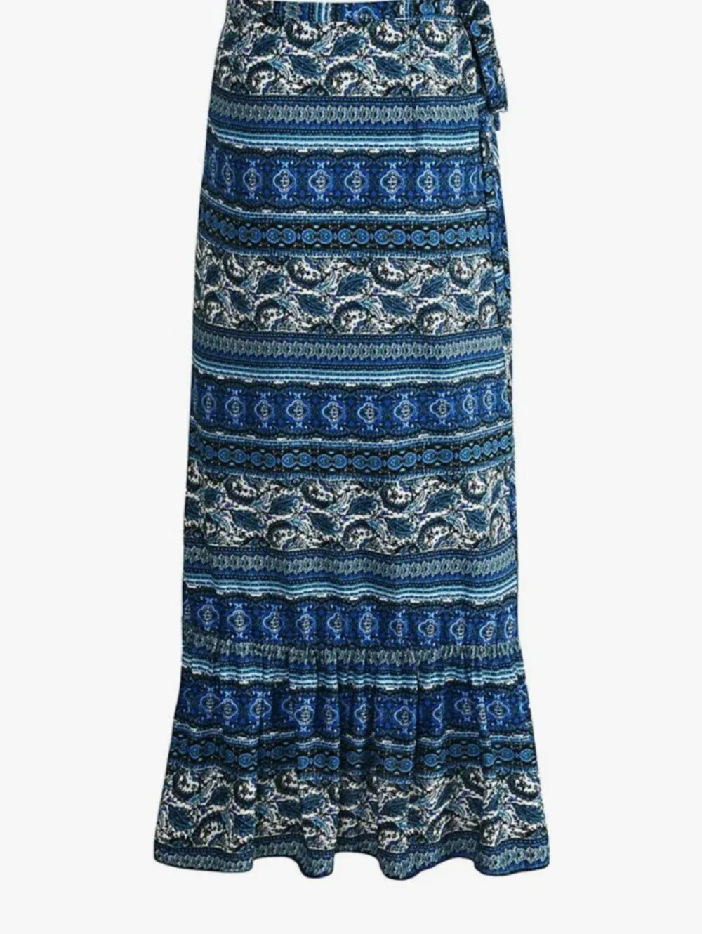 Foremode Women's Blue Boho Print Wrap Asymmetrical Maxi Skirt